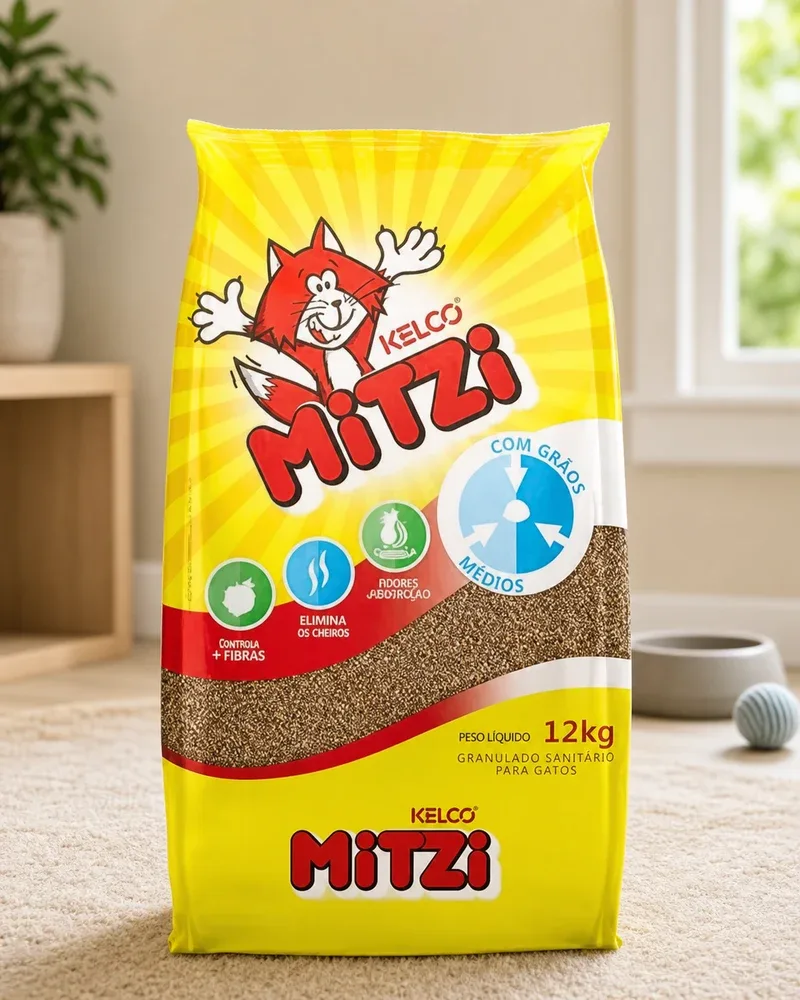 Saco amarelo de Mitzi, 12 kg, com o gato desenhado na frente, no tapete ao lado de uma tigela e de um vaso de planta