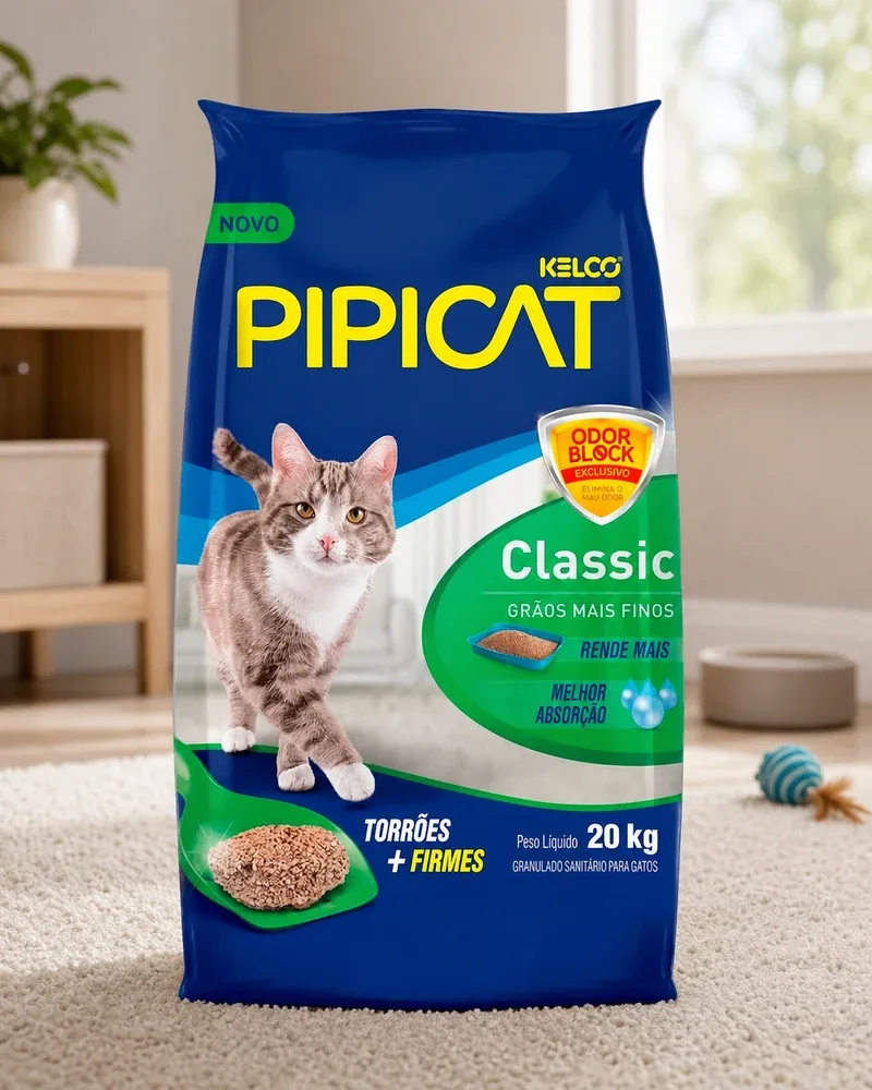 Saco azul e verde de Pipicat Classic, 20 kg, apoiado no tapete, com estante de madeira e tigela no canto