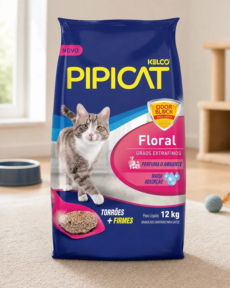 Saco azul e rosa de Pipicat Floral, 12 kg, no tapete perto da janela, com arranhador de gato e bolinha ao fundo