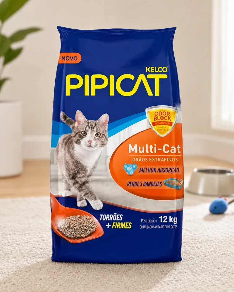 Saco azul e laranja de Pipicat Multi-Cat, 12 kg, em pé no tapete da sala, com tigela de água e bolinha de brinquedo ao fundo