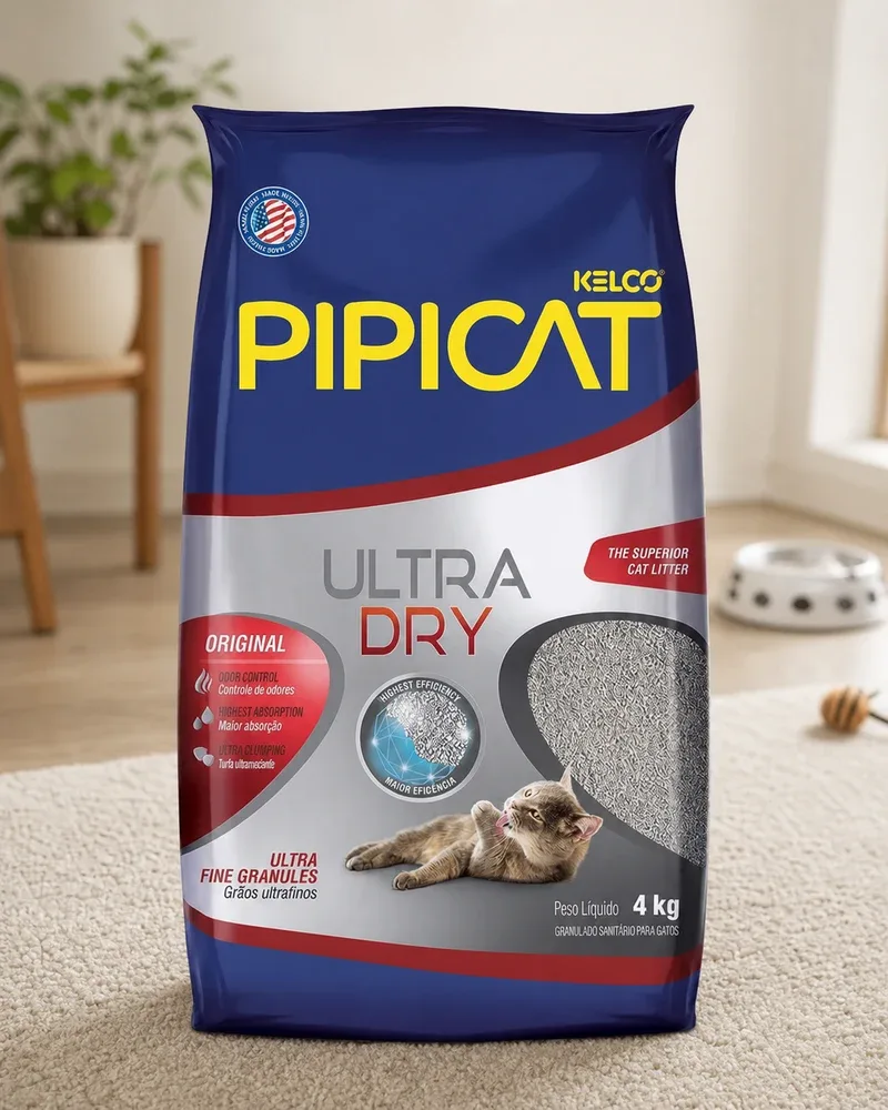 Saco prata e azul de Pipicat Ultra Dry, 4 kg, no tapete, com cadeira, planta e tigela de ração ao fundo
