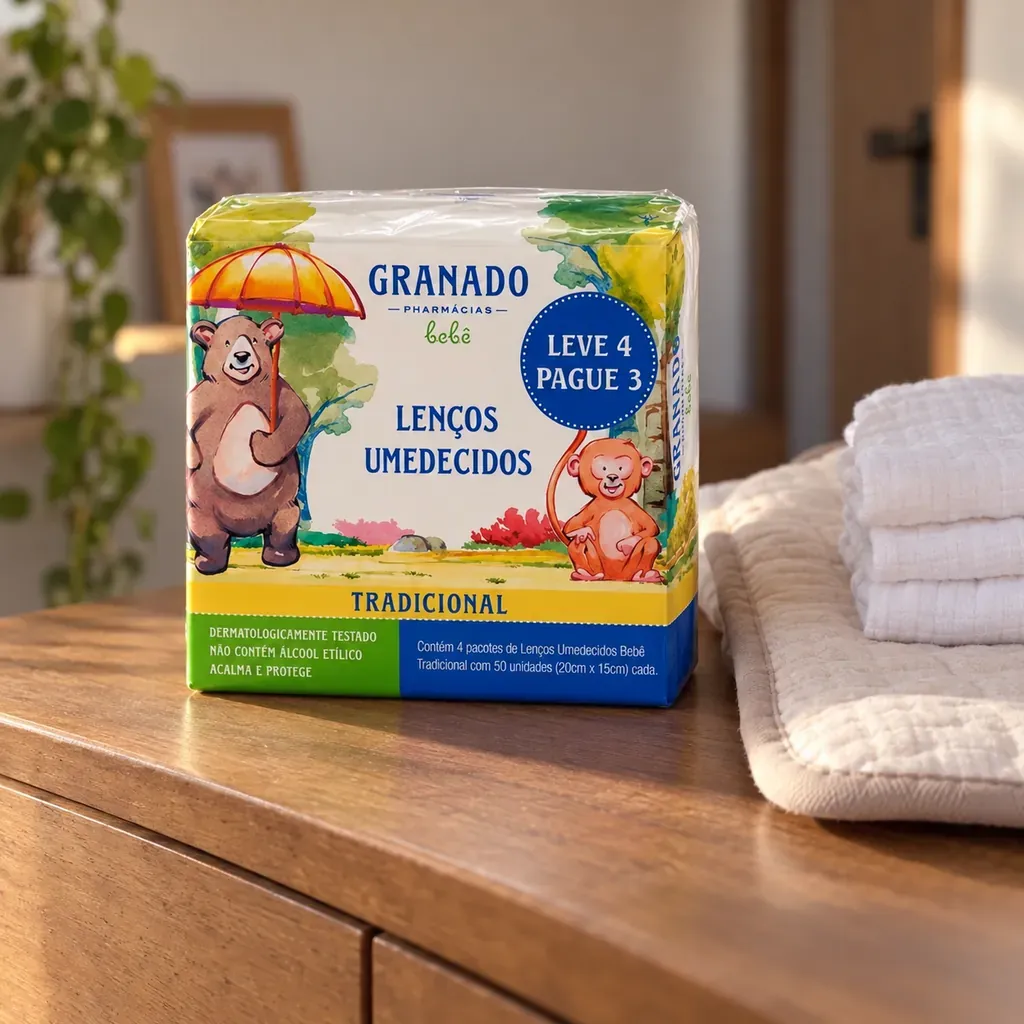 Kit Granado Bebê Tradicional de 200 lenços em cima de uma cômoda de madeira, ao lado de fraldas de pano