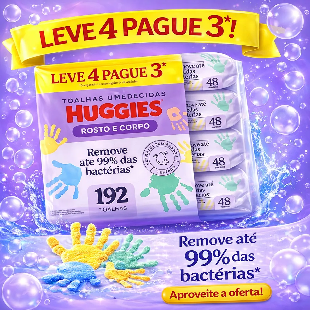 Kit Huggies Rosto e Corpo de 192 lenços, como aparece no anúncio