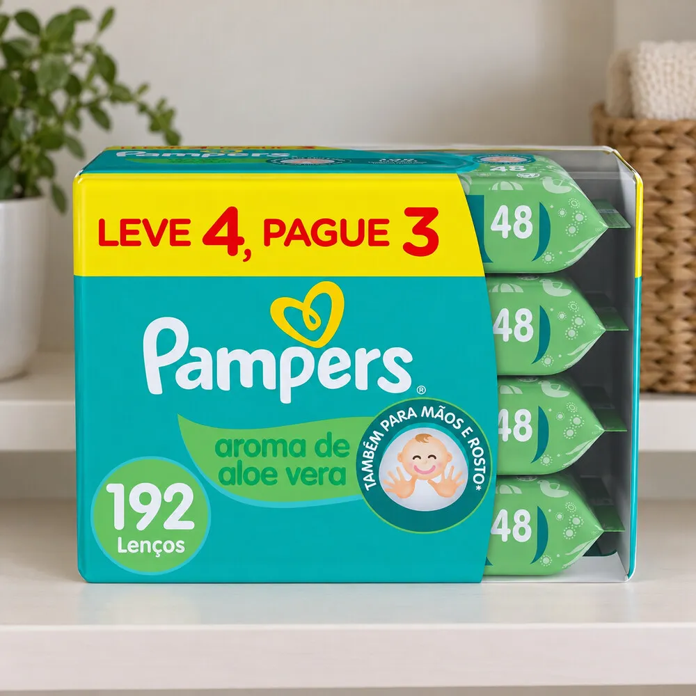 Kit de quatro pacotes de Pampers Aroma de Aloe Vera numa bancada branca
