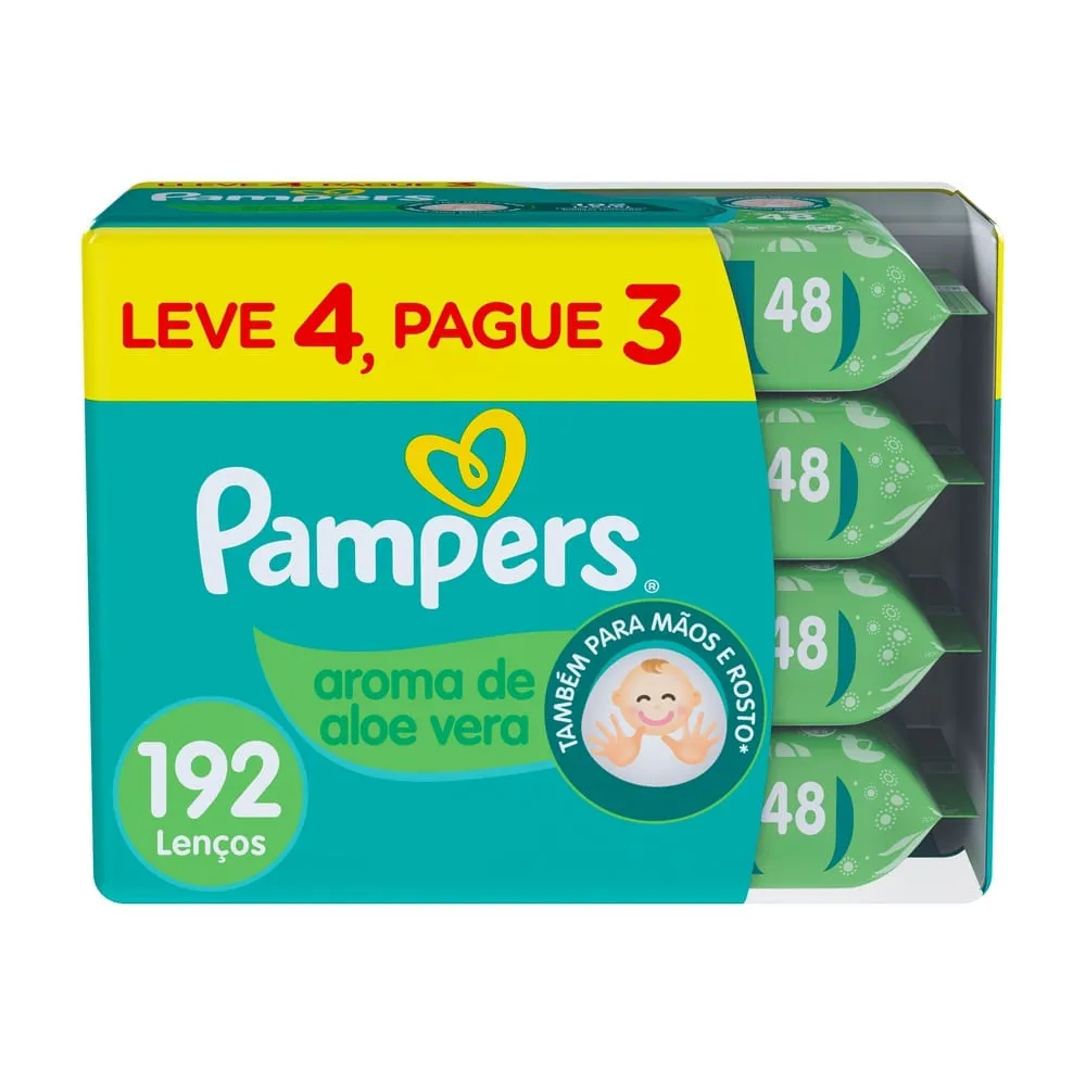 Kit Pampers Aroma de Aloe Vera de 192 lenços, como aparece no anúncio