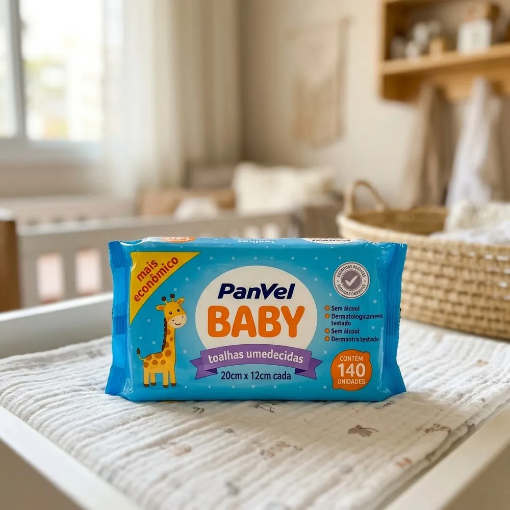 Pacote azul de Panvel Baby com 140 lenços sobre um trocador claro, perto da janela